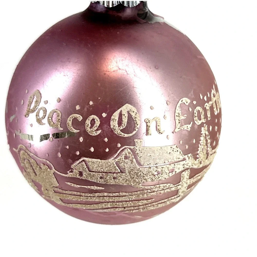 Vintage Shiny Brite Peace On‎ Earth Farm Stencil Lilac Glass Christmas Ornament
